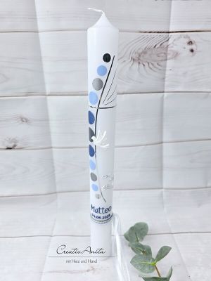 Kommunionkerze Kreise in Blau-Silber mit christlichen Symbolen